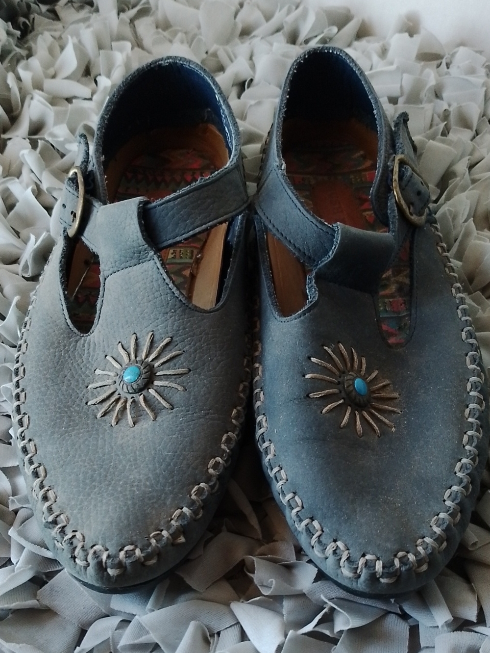 Blue Leather Mary Jane Shoes with Sunburst Accent Hush Puppies 8.5